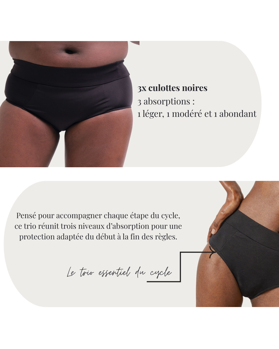 Pack 3 culottes menstruelles noires - 3 niveaux d'absorption (léger + modéré + fort)