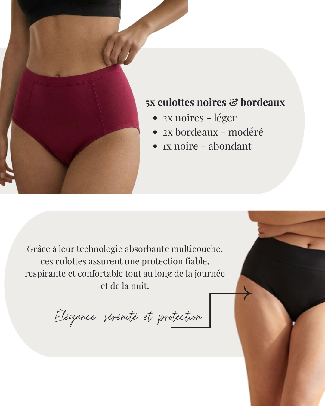 Pack Cycle Complet : 5 culottes menstruelles noires & bordeaux (2x léger + 2x modéré + 1x fort) (Copie)